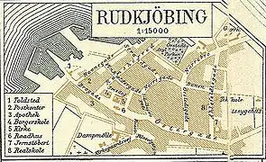 Map of Rudkøbing in 1900. Note the archaic spelling of the town's name.