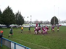 Clontarf rugby team (in the same red and blue colours used by other Clontarf sporting organisations), with Clontarf cricket club in the background