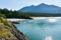 A sandy beach with forests and a mountain farther inland