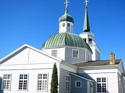 Image 17St. Michael's Cathedral in Sitka. The original structure, built in 1848, burned down in a fire on January 2, 1966. The cathedral was rebuilt from plans of the original structure and contains artifacts rescued from the fire. (from History of Alaska)