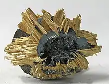 Golden acicular crystals of rutile radiating from a center of platy hematite