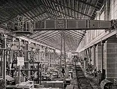 Example of steam powered overhead crane from 1875, produced by Ludwig Stuckenholz AG, Wetter an der Ruhr, Germany. Design developed by Rudolf Bredt from an original installation at Crewe railway works