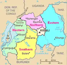 Map of Rwanda showing the five provinces in various colours, as well as major cities, lakes, rivers, and areas of neighbouring countries