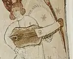 Angel with nyckelharpa, fresco in the Rynkeby church, Denmark. Unknown painter, ca. 1560.