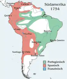 Image 6Spanish and Portuguese control of South America in 1754 CE (from History of Uruguay)