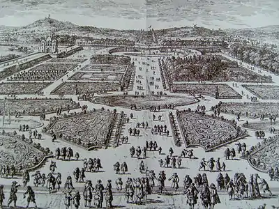 Tuileries Garden of Le Nôtre in the 17th century, looking west toward the future Champs Élysées, engraving by Perelle