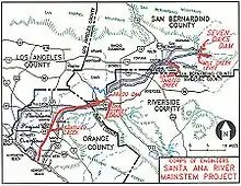 A map showing the Santa Ana River, a few of its tributaries, county boundaries, and a floodplain boundary