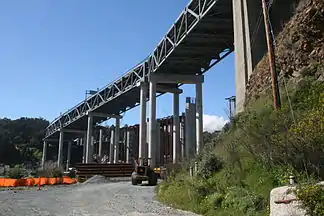 February 28, 2011: Underpinnings of the S-connector with permanent columns and falsework beyond.