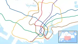 A map of the Singapore rail system, with a color for each line and a red dot highlighting the location of Nicoll Highway station in central Singapore