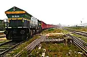 A Siliguri-based WDG-4 with a freight train enters Katihar Junction