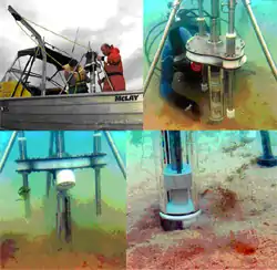 The second SPI-Scan prototype in field trials.  Seen here deploying from the 6 m R/V Nauplius (upper left), on the seabed though locked in the up position (upper right and lower left – lasers not visible here), and starting to dig into the sand (lower right).