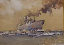 A painting of a large grey ship at sea, black smoke coming from its funnel