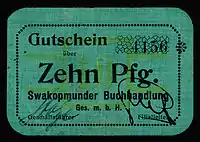 A ten pfennig Swakopmunder Buchhandlung note issued in 1916