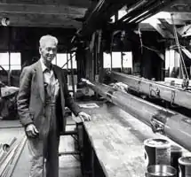 Myron Spaulding in the spar loft at the Spaulding Boatworks (1995)