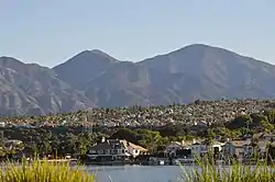 Saddleback Mountain and its foothills viewed from Lake Mission Viejo, a lake in the valley