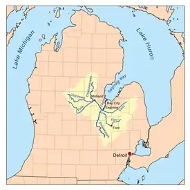 Map of the Saginaw River watershed showing the Pine River as one of its major tributaries