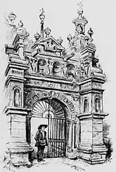 Lithograph by Albert Robida showing the central arch of the Saint-Thégonnec entrance published in the magazine "La vieille France, Bretagne" in around 1900.