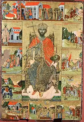 Icon of Saint Jovan Vladimir painted by Kostandin Shpataraku, from the Ardenica Monastery in Albania. The saint is depicted as sitting on a throne in the central rectangle, surrounded by scenes of his life and miracles, according to his Greek hagiography.