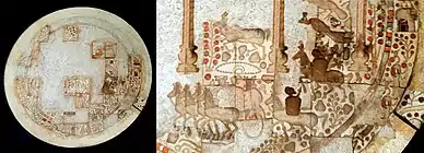 A disc made out of mother-of-pearl, with partial ornamentation still visible, alongside a possible reconstruction of the original decoration