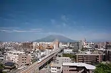 Urban area around the Kagoshima-Chūō Station with Shinkansen (bullet train)