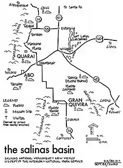 A map of the 17th-century pueblos in the Salinas area including the three surviving ruins in the National Monument: Quarai, Abo, and Gran Quivira