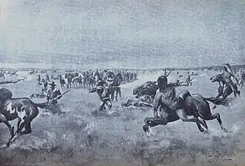 A black and white copy of a painting by C. Taylor of the moving "hollow box" during the 8 hour, 15 mile combat by Captain Armes and Company F of the 10th US Cavalry.