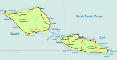 Map of Samoa showing Apolima Strait between Upolu (right) and Savai'i (left).