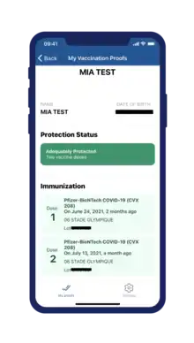 A sample of a valid vaccination passport in Quebec using the VaxiCode app