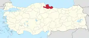 Samsun highlighted in red on a beige political map of Turkeym