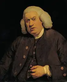 Half-length portrait of a large, squinting man with a fleshy face, dressed in brown and wearing an 18th-century wig