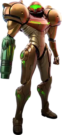 A person in a big, futuristic-looking powered suit with a helmet. The right arm is a large firearm. The shoulders are particularly large, bulky, and rounded.