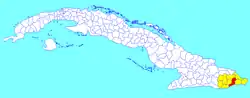 San Antonio del Sur municipality (red) within  Guantánamo Province (yellow) and Cuba