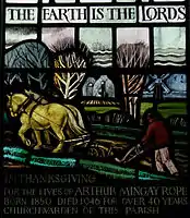 Detail from S.Matthew window in S.Margaret, Leiston, Suffolk, showing the Minsmere marshes and ruined chapel