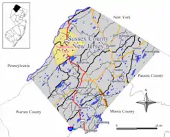 Map of Sandyston Township in Sussex County. Inset: Location of Sussex County highlighted in the State of New Jersey.