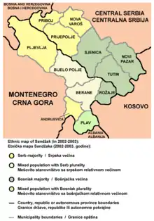 Ethnic map of Sandžak (including Plav and Andrijevica) according to the 2002 census in Serbia and 2003 census in Montenegro. Note: map shows the ethnic majority populations within the municipalities