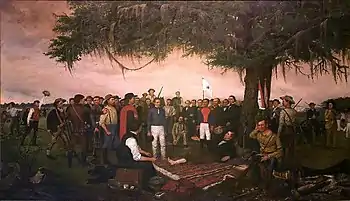 Image 49Surrender of Santa Anna by William Henry Huddle shows the Mexican president and general surrendering to a wounded Sam Houston in 1836. (from History of Mexico)