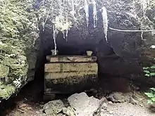 Image of a large stone sarcophagus inside of a cave. Moss and vegetation hang from the ceiling. The lid has two mushroom-like stone protrusions at the edges of the concave sarcophagus lid.