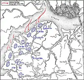 Map, depicting Japanese crossing the Johor straits to land on the Northwest side of Singapore