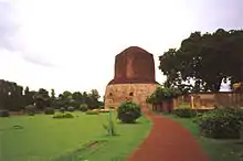 The Dhamekh Stupa is located in Sarnath where Gautama Buddha first taught the Dharma