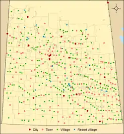 Map of urban municipalities by type in Saskatchewan as of 2013