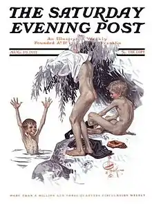 Saturday Evening Post cover from 1911 showing boys swimming naked