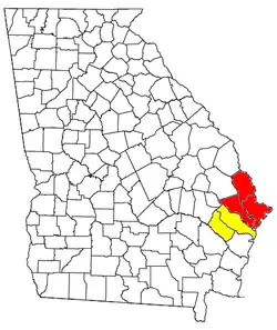 Map of Hinesville MSA within Savannah CSA highlighted in yellow