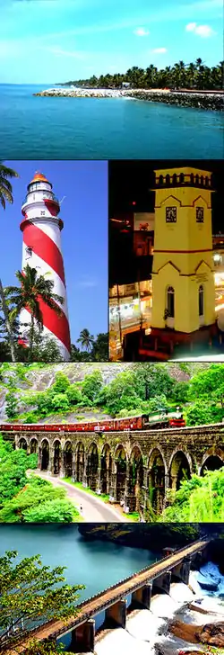 From top: Paravur estuary, Light house and clock tower in Kollam city, 13 Ring bridge of Thenmala, Check dam across Kallada river