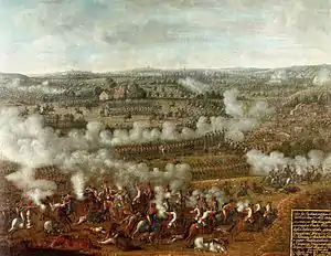 Paitning of armies in formation exchanging musket fire across a hilly landscape.