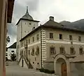 Courtyard and staircase with richly decorated facade