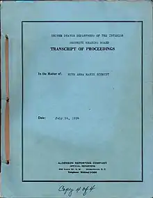 scan of the cover page of the 1954 transcript of the US Department of the Interior Security Hearing Board against Ruth A. M. Schmidt