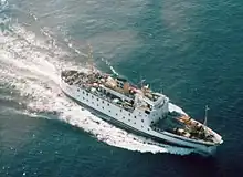 Scillonian III, as seen from the air, halfway between St Mary's and Penzance