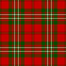 A "busy" tartan of broad red bands, medium green ones, and thin white ones