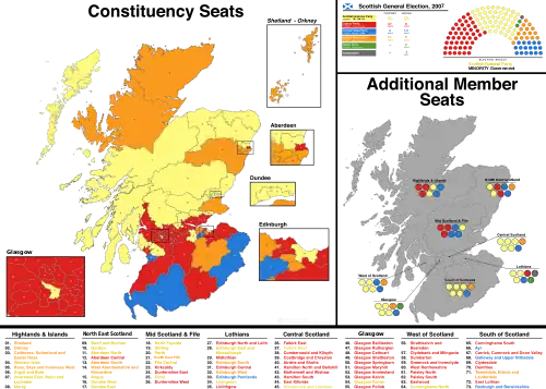 A map showing the constituency winners of the Election by their party colours.