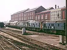 Former British Rail locomotives awaiting disposal at the now-closed Swindon Works, England, 1985